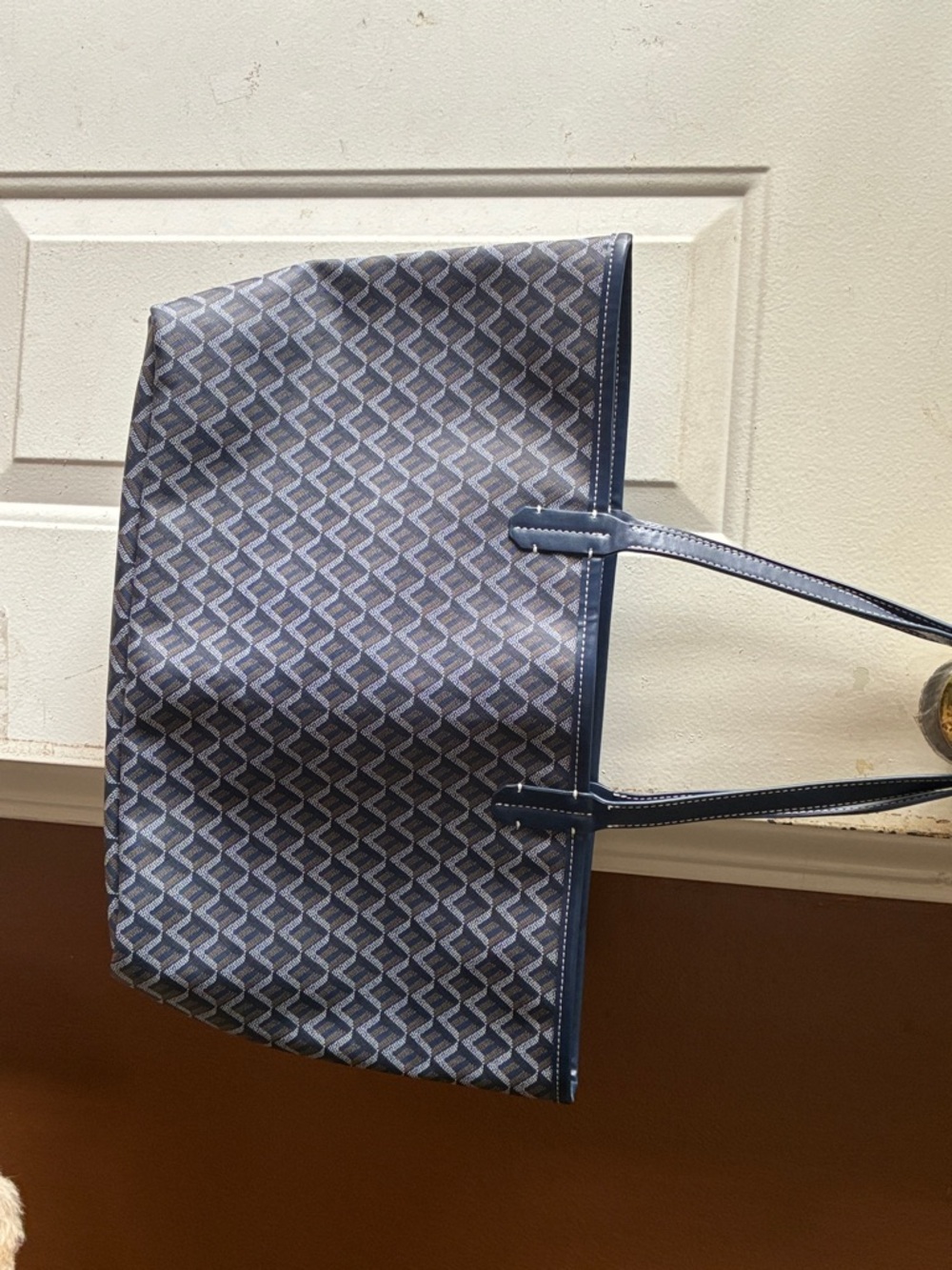 Patterned Navy Canvas Tote Bag with Navy Trim